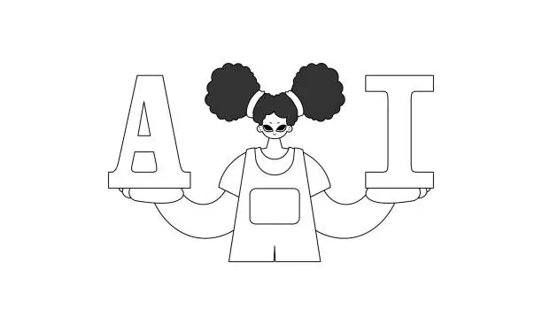 Vector illustration of Girl holds AI letters. theme of vector linear artificial intelligence