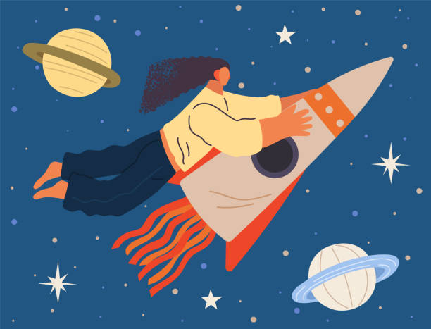 Astronaut woman flying on rocket among planets. Lady dressed as spaceman dreams about space Astronaut woman flying on rocket among planets and stars in outer space. Lady dressed as spaceman dreams about space. Girl with self made spaceship flying to sky. Person in costume of space explorer rocket launch platform stock illustrations