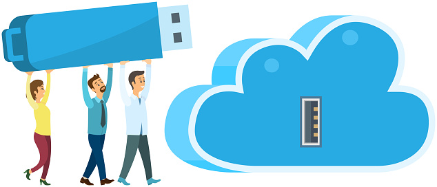 Cloud storage and Usb flash drive storage device illustration with group of people carries digital devices in their hands. Digital service or app with data transfering. Online computing technology