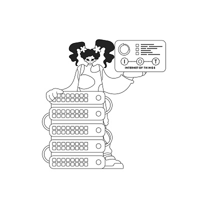 Girl interacting with Cloud Storage for IoT, in Vector Linear Form Illustration