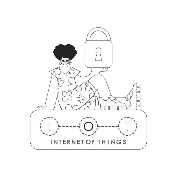 Vector illustration of An illustration of a woman holding a lock for protecting IoT data, in a straight vector style