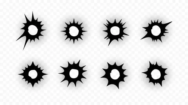 Vector illustration of Bullet cracks collection on transparent background. Damage and cracks on surface from bullet. Bullet holes set. Vector graphic