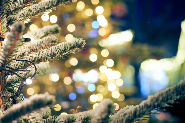 istock Christmas tree covered snow with yellow garlands lights and bokeh copy space with sparkled bokeh 1480692403