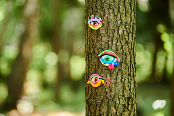 istock Art object of human eyes on tree trunk in green forest background, trees sight feeling ecological concept 1480692558