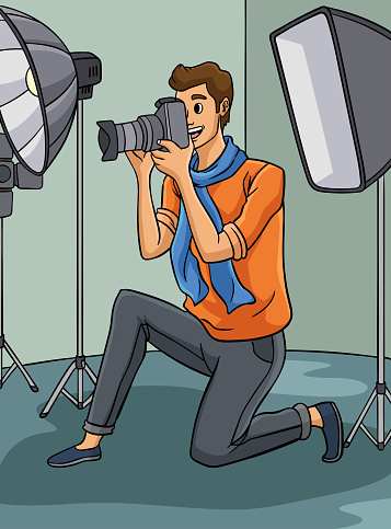 This cartoon clipart shows a Photo Journalist illustration.