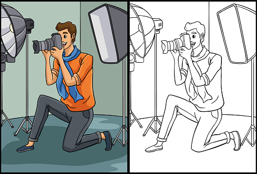 This coloring page shows a Photographer. One side of this illustration is colored and serves as an inspiration for children.