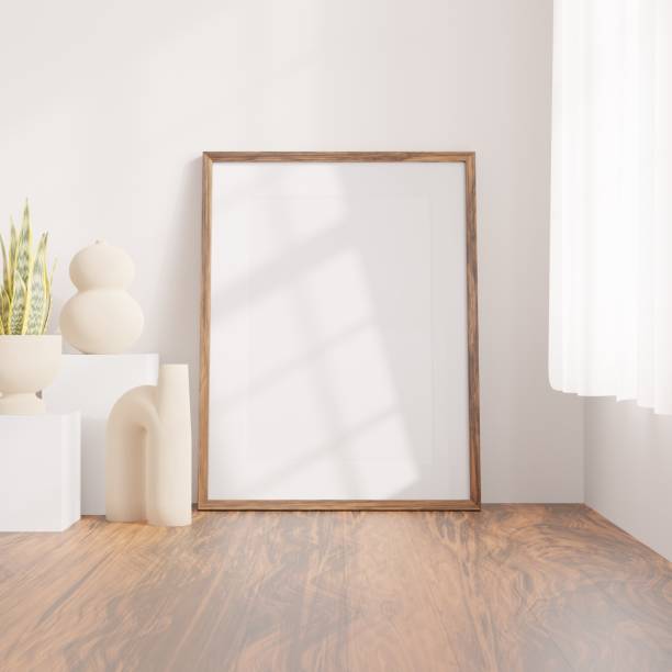 istock Vertical wood frame mockup in living room interior with window light shadow. 3d rendering, 3d illustration 1480697787