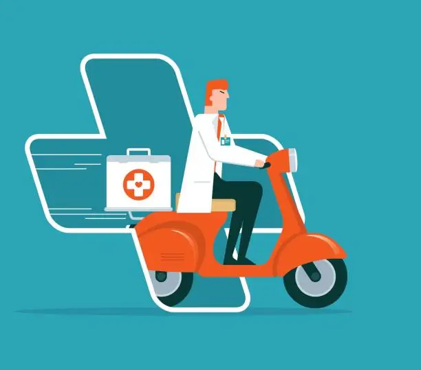 Vector illustration of Medicine motorbike delivery pharmacy - Male doctor