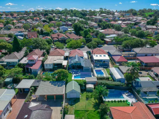 Drone Aerial view of Suburban federation residential house in Sydney NSW Australia