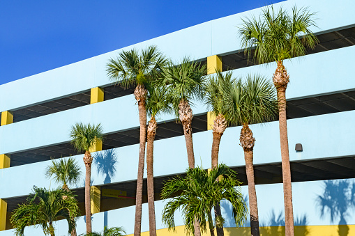 This is a photograph of palm trees outside a parking garage exterior Cocoa Beach, Florida on a sunny summer day.