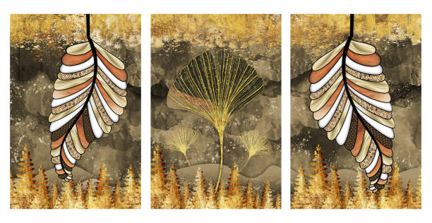 istock Drawing brown background golden wave shapes, turquoise, golden tree leaf, feathers. 3d wall frame art. 1480700950
