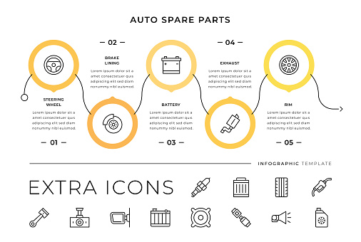 Vector Infographic Template of Auto Spare Parts with additional line icons below.