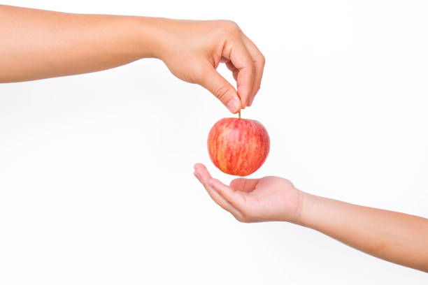 istock Hand holding bite red apple isolated on white background. Ripe red apple in human hand. 1480704775