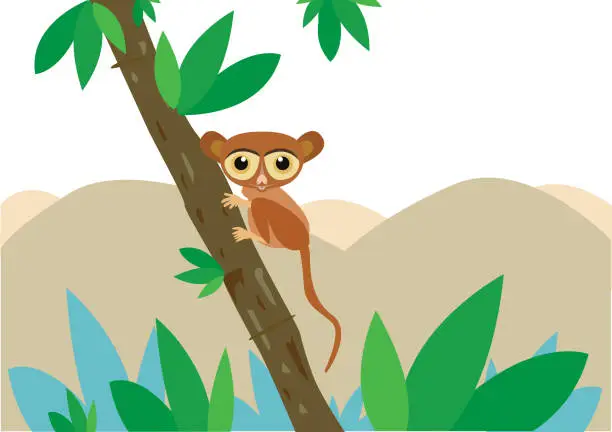Vector illustration of A Philippine Tarsier in a tree with Chocolates Hills in Bohol, Philippines