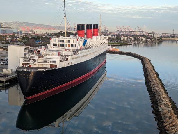 Long Beach, California - April 07, 2023: The Queen Mary ocean liner moored in the Port of Long Beach