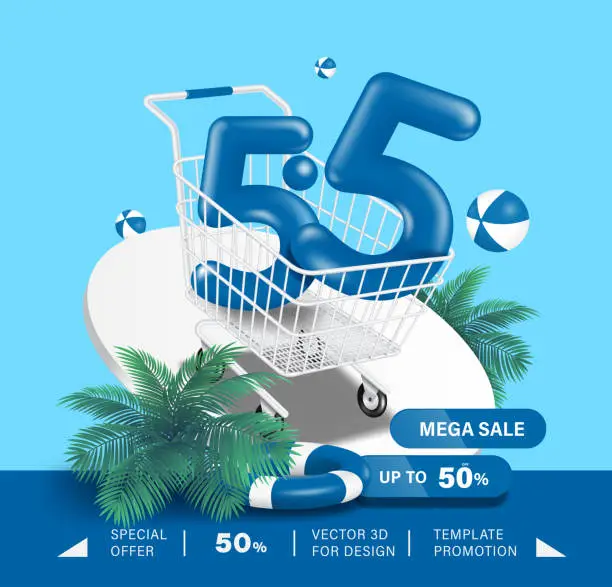 Vector illustration of 5.5 blue 3D in shopping cart and there are coconut trees, lifebuoys and mega sale promotion sign with 50% discount on front