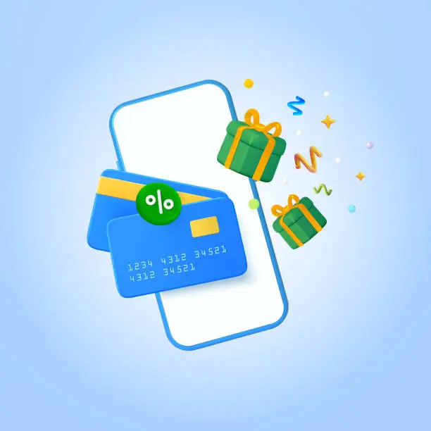 Vector illustration of Concept online shopping on mobile. A smartphone with a discount card payment, banking and flying gift boxs, confetti and percentage sign. 3d vector illustration
