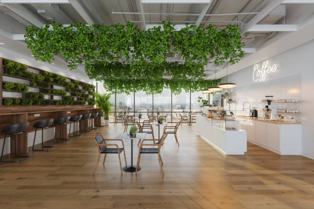 istock Environmentally Friendly Cafe Interior With Tables, Coffee Maker, Pastries And Creeper Plants 1480718978