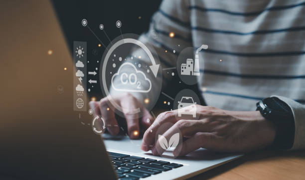 istock Entrepreneur hand point at digital screen dashboard while control and reduce carbon emission for global friendly business or ESG. Business with environment concern, carbon credit and zero emission. 1480719287
