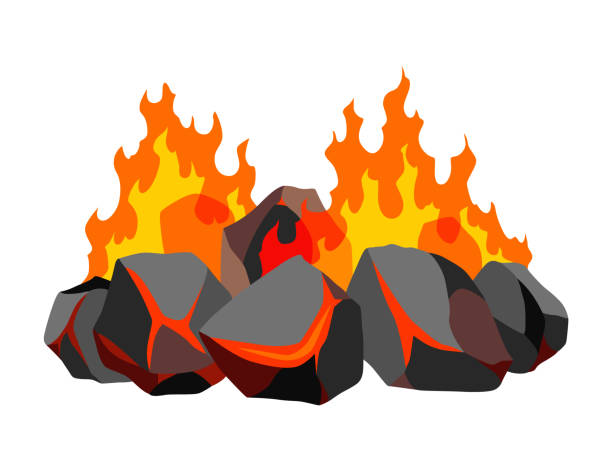 kohle verbrennen. realistisches helles flammenfeuer auf kohlehaufen. nahaufnahme vektorillustration für grillflammenkamin, heißes kohle- oder glühendes kohlebild - campfire coal burning flame stock-grafiken, -clipart, -cartoons und -symbole
