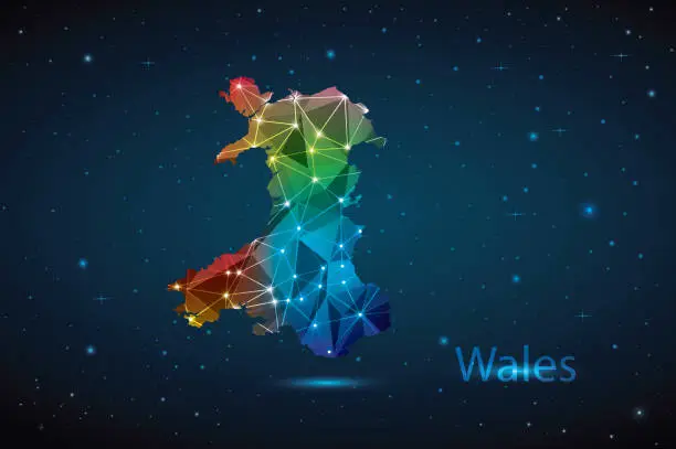 Vector illustration of Polygon Map of Wales. Vector Illustration Low Poly Color Rainbow