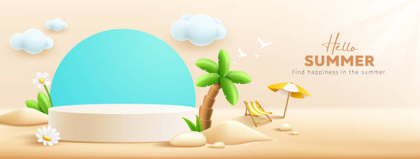 ilustrações, clipart, desenhos animados e ícones de exibição do pódio de verão, pilha de areia, flores, coqueiro, guarda-sol, cadeira de praia, design do banner, no fundo da praia de nuvem e areia - cloud sea beach umbrella sky