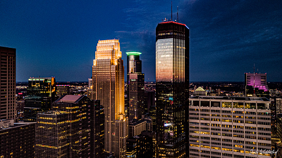 Downtown Minneapolis skyline at dusk