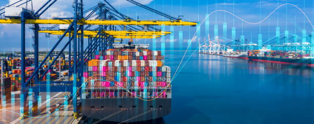 istock Container cargo ship global business logistics import export freight shipping transportation, Container cargo ship analysis, Big data visualization abstract graphic graph and chart information business. 1480729756