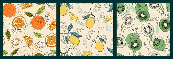 Oranges, simple shapes, leaves, kiwi, citrus bright summer colors for prints, wallpaper, textiles. Vector set.