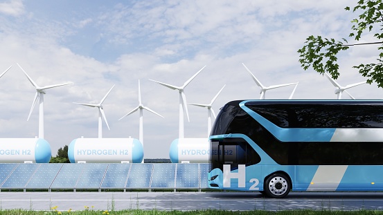 Hydrogen energy storage gas tank for hydrogen Fuel cell bus.3d rendering