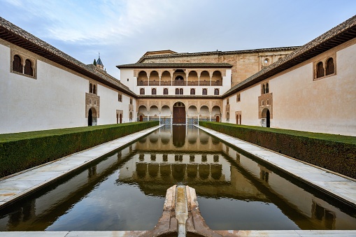 Court of the Myrtles in Nasrid Palace in Alhambra, Granada, Spain. High quality photo
