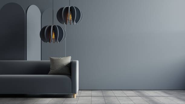 istock Mockup living room interior with blue sofa on empty dark blue wall background. 1480731668