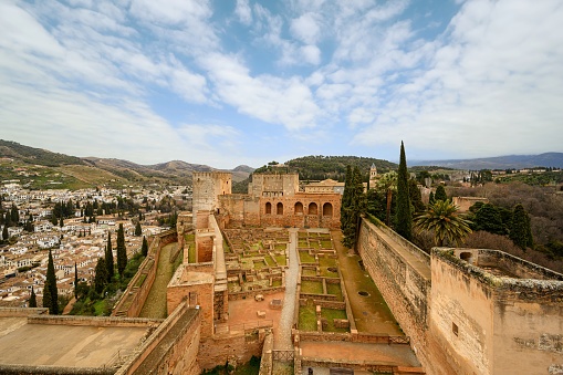 The walls of the Alcazaba in the Alhambra and the panorama of Granada, Spain