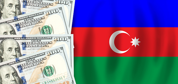 Dollars on flag of Azerbaijan, Azerbaijani finance, subsidies, social support, GDP concept