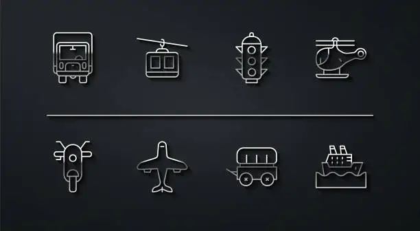 Vector illustration of Set line Delivery cargo truck, Scooter, Helicopter, Wild west covered wagon, Plane, Cable, Cruise ship and Traffic light icon. Vector
