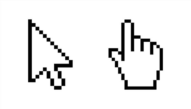 ilustraciones, imágenes clip art, dibujos animados e iconos de stock de cursor del ratón de píxeles e icono de puntero de mano. imagen prediseñada aislada sobre fondo blanco. vector 10 eps. - puntero del ratón