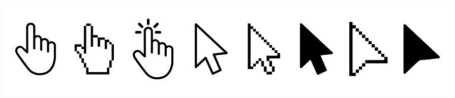 Hand pointer icons. Pointer click. Cursor arrow icon. Clicking finger. Computer mouse click. Vector illustration.