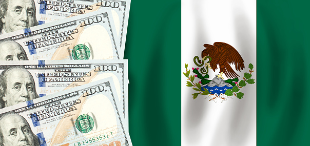 Dollars on flag of Mexico, Mexican finance, subsidies, social support, GDP concept