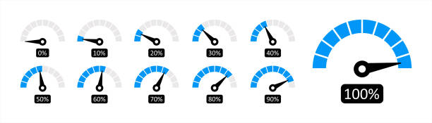 ilustrações, clipart, desenhos animados e ícones de ícones de velocímetros definidos. ilustração vetorial do medidor de calibre percentual 10 eps. - calções de corrida