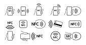 Set NFC wireless payment technology icon, contactless payment, credit card tap pay wave logo, near field communication sign, contactless pay pass fast payment symbol, smart key card contact nfc. Vector icon set.
