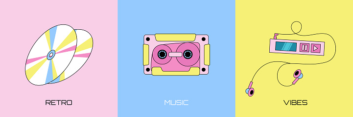 Set of three retro music elements, compact disks, audio cassette and old fashioned mp3 player with earphones on a colorful background.