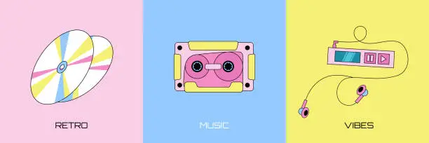 Vector illustration of Set of three retro music elements, compact disks, audio cassette and old fashioned mp3 player with earphones on a colorful background.