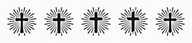 Vector illustration of Christian cross sunburst icons. Cross starburst circle retro vintage hipster design. Cross in sunburst icon collection. Vector graphic