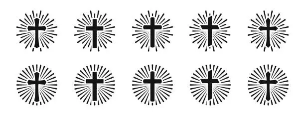 Vector illustration of Christian cross sunburst icons. Cross in sunburst icon collection. Vector graphic