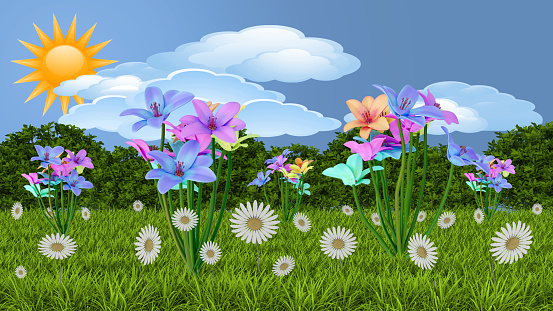 Illustrazione 3D. Primavera, estate. Fiori, fiore su prato verde con sfondo cielo, sole, nuvole.