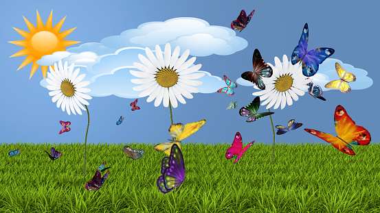 Illustrazione 3D. Primavera, estate. Fiori e farfalle su prato verde . Campo di erba con fiori colorati e farfalle, sullo sfondo cielo con nuvole e sole.