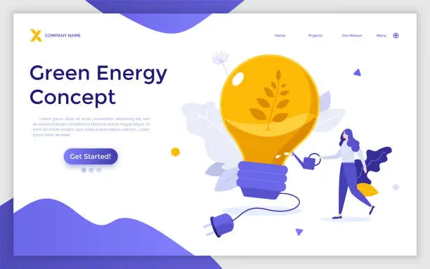 Vector illustration of Landing page template with woman with watering can cultivating plant growing inside lightbulb with plug. Concept of green energy, eco friendly technology. Modern flat vector illustration for website.