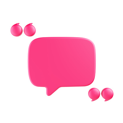 Symbol pink 3D quotation marks and speech bubble glossy material surface on white background. Bubble, Chat, Message or email for connection online network. object with clipping path. 3D Illustration.