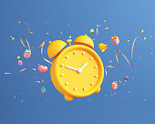 Party time and happy time. It's time to celebrate birthday party, christmas, countdown new year with clock, gift box, 3D heart, ribbons, confetti on blue background. Clipping path. 3D illustration.