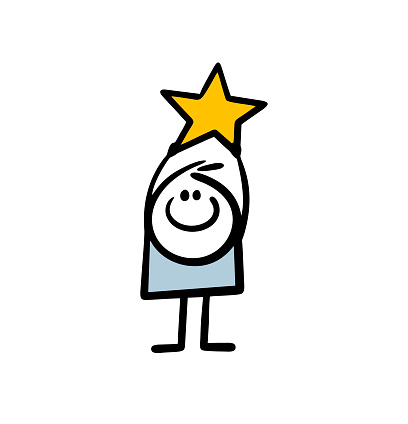 Happy little boy stickman holds a big gold star in rising up hands above his head. Vector illustration of cute hand drawn character.